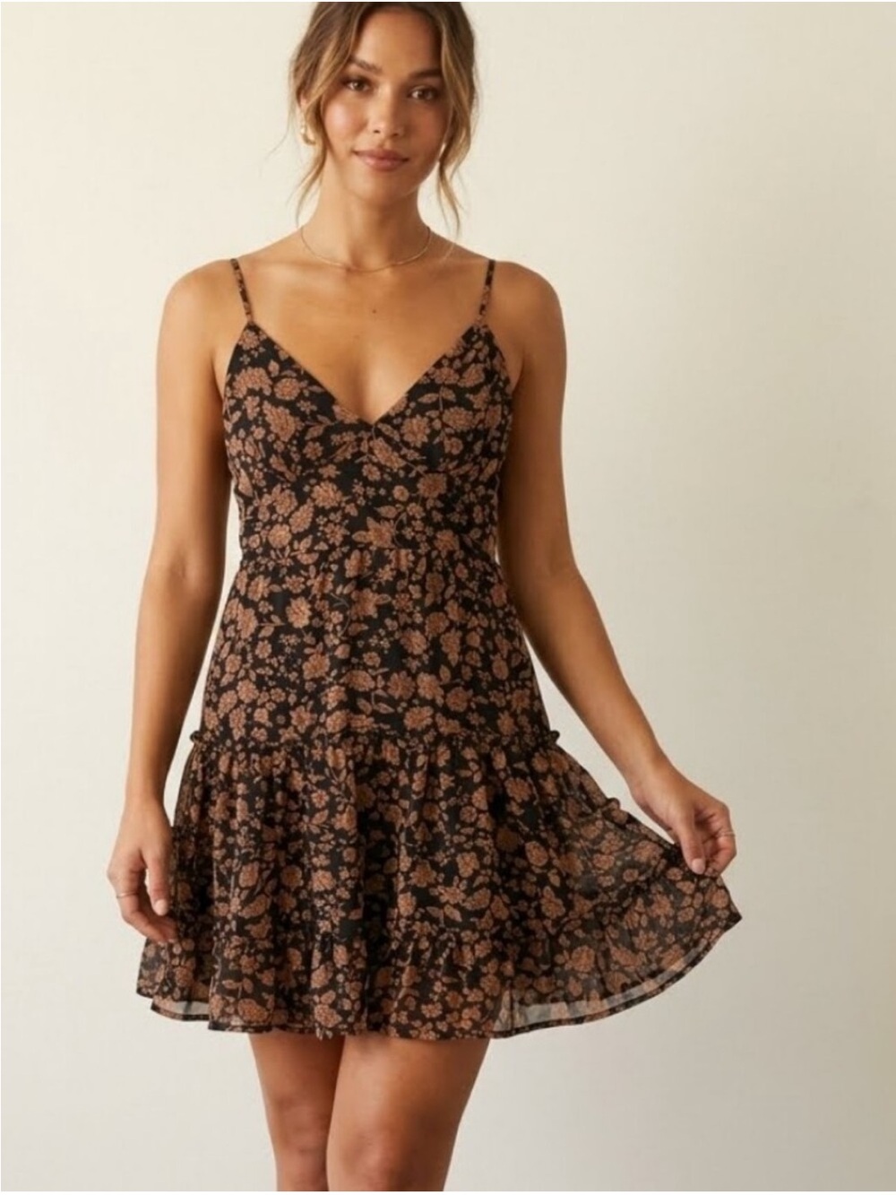Ever After Floral Spaghetti-Strap Mini Dress in Black and Brown. Size Medium